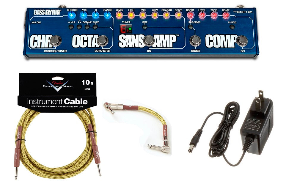 Tech 21 Bass Fly Rig 5 SansAmp bass pedal — blue enclosure with included tweed cables and power supply
