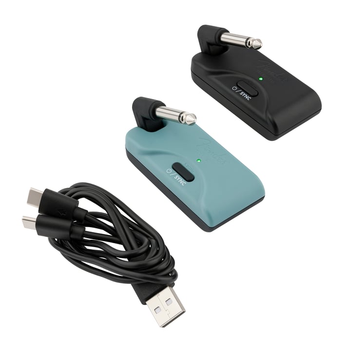 Fender Telepath wireless system black and blue units with the included USB-C charging cable