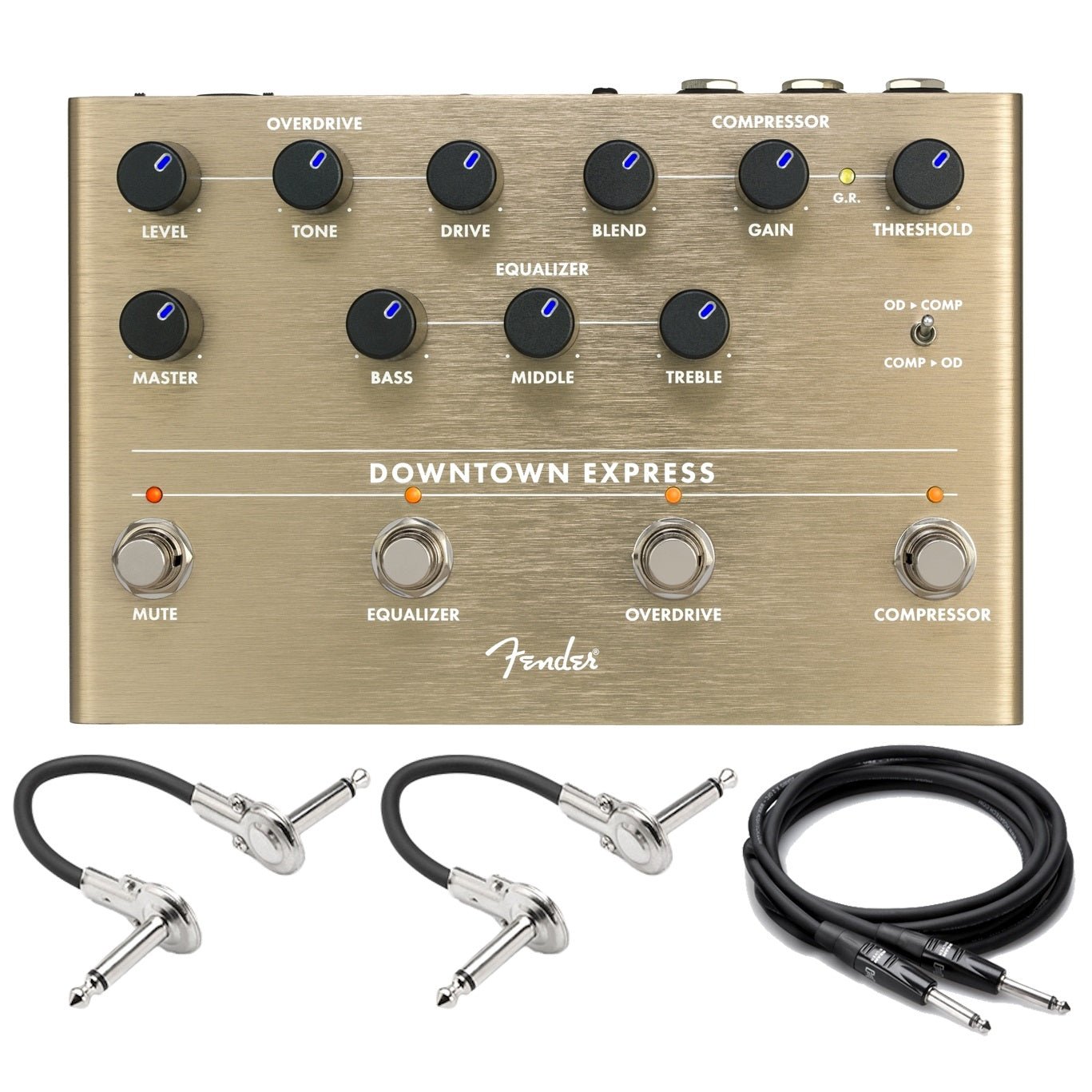 Fender Downtown Express bass multi-effect pedal — gold enclosure top view