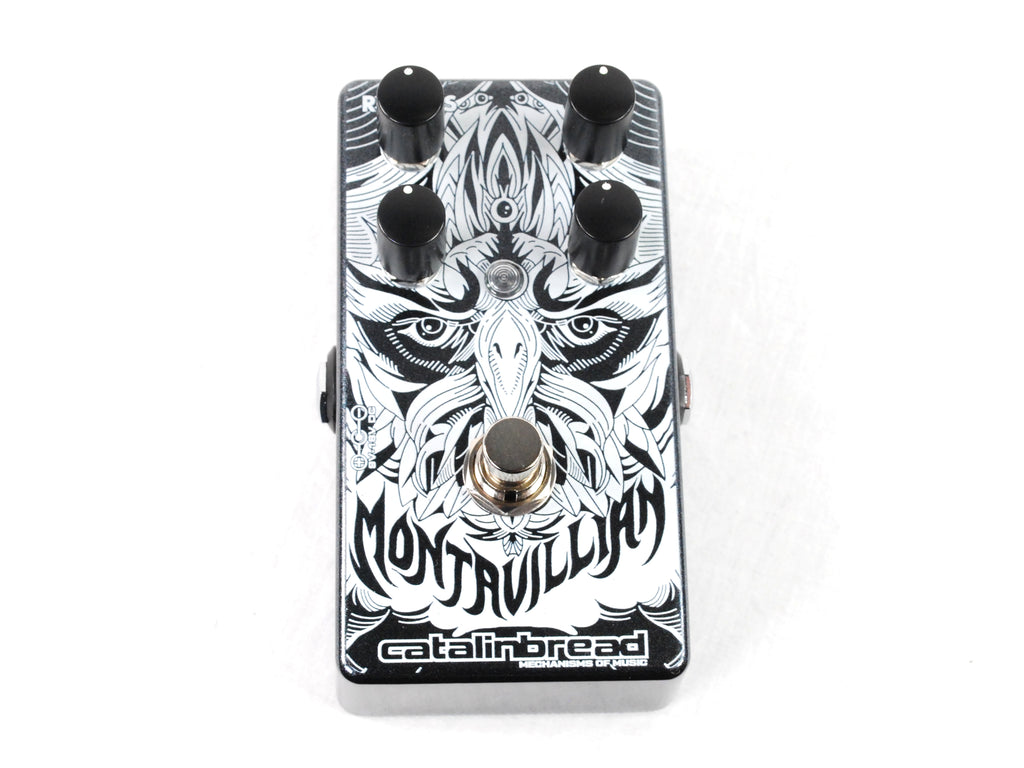 Catalinbread Montavillian Echo delay pedal — black and white owl art top view