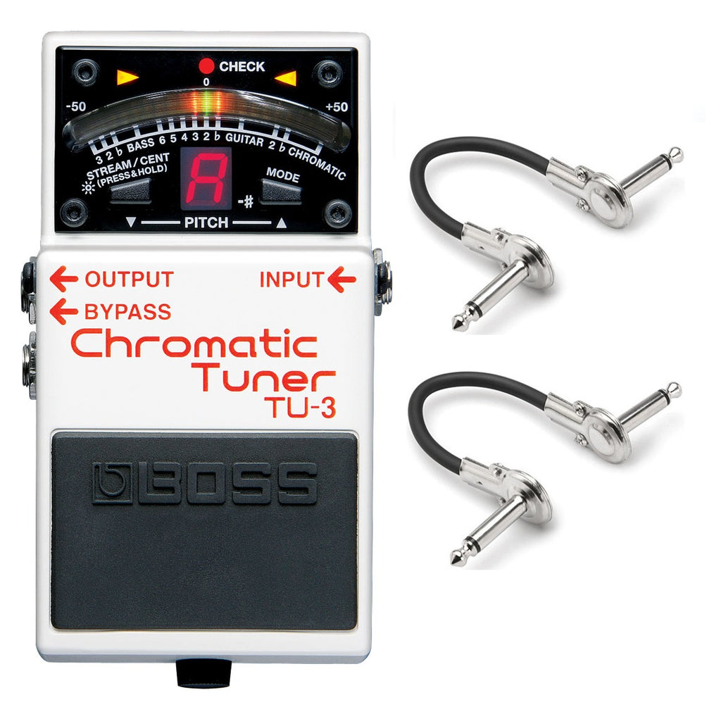 Boss TU-3 Chromatic Tuner guitar pedal — white enclosure with LED meter, two patch cables included