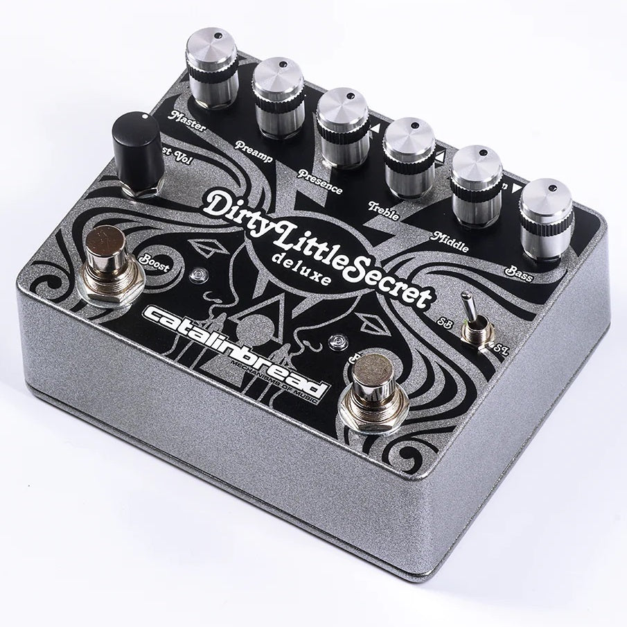 Catalinbread Dirty Little Secret Deluxe overdrive pedal — angled silver pedal view