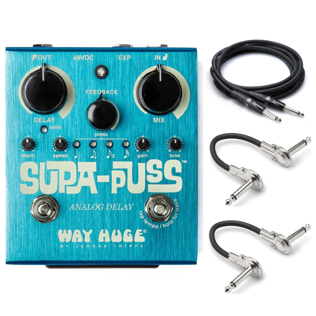 Way Huge WHE707 Supa-Puss analog delay pedal — blue enclosure with included cables