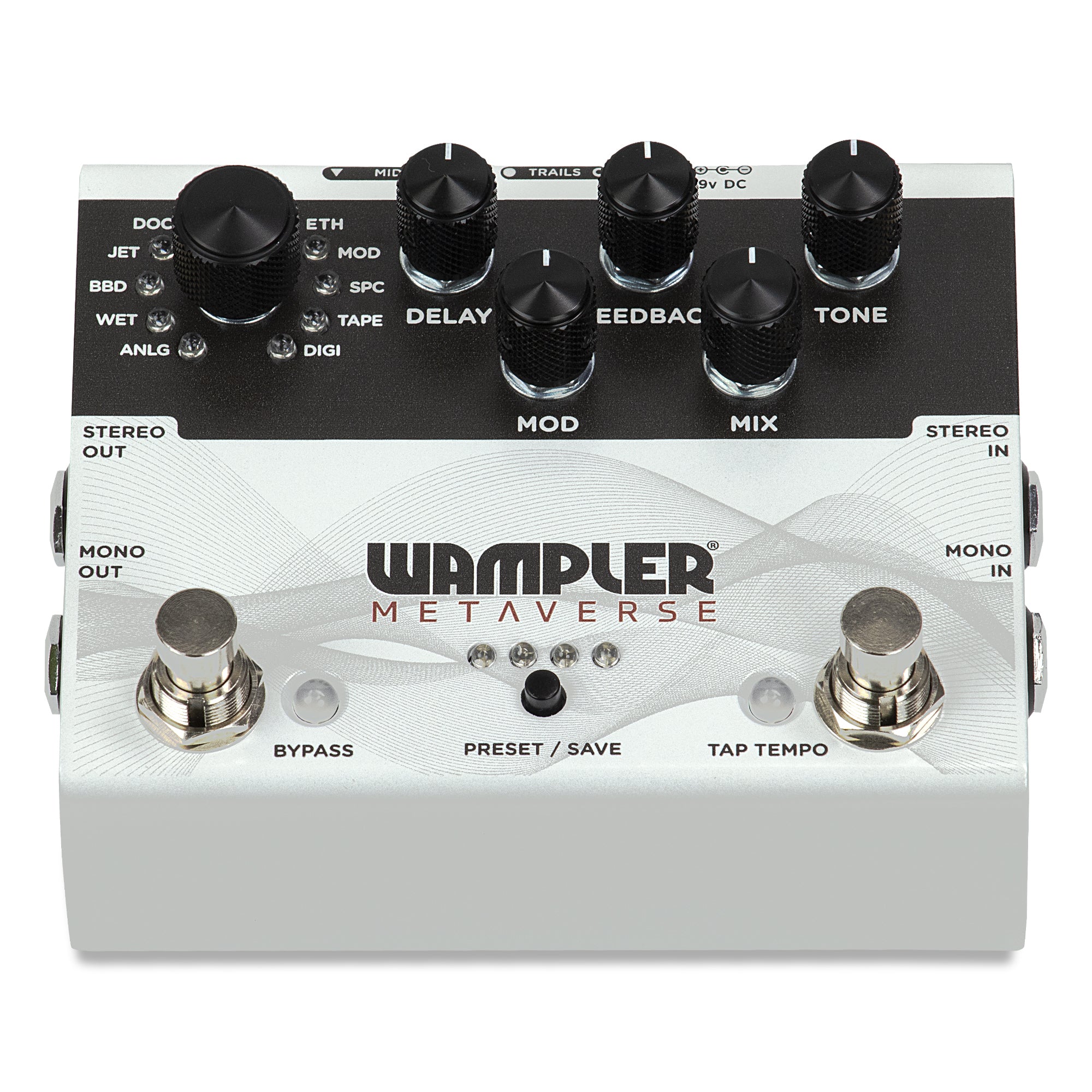 Wampler Metaverse pedal - side view showing stereo inputs and outputs