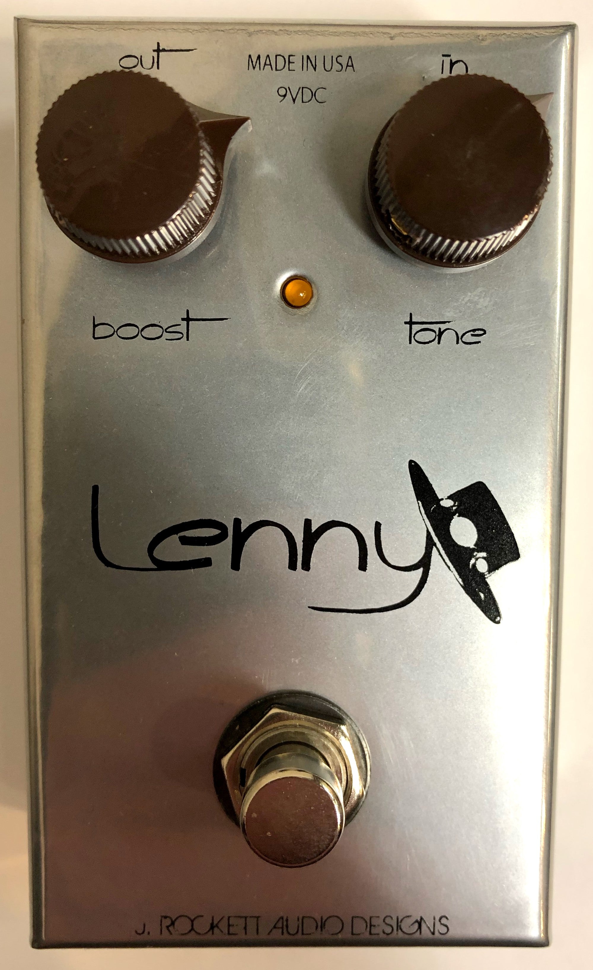 J. Rockett Lenny boost pedal — silver face with Boost and Tone knobs, top view