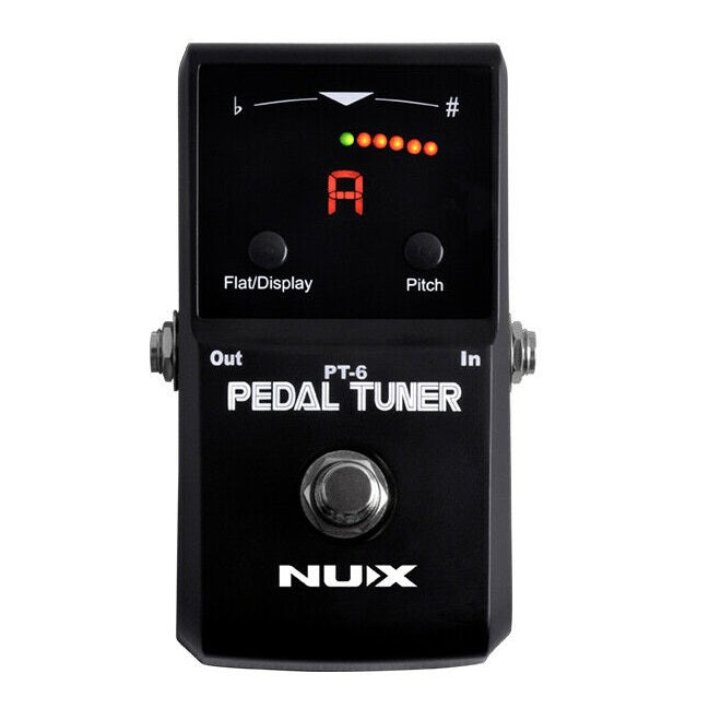 NUX PT-6 chromatic guitar pedal tuner — black enclosure, front view with LED display