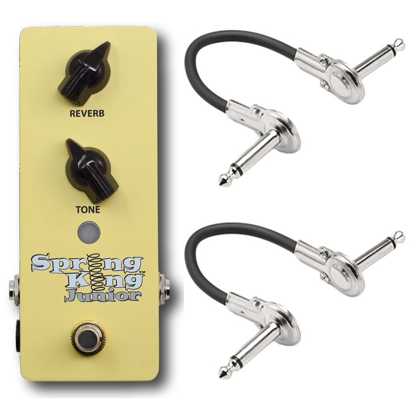 Danelectro Spring King Junior yellow reverb pedal with two included patch cables