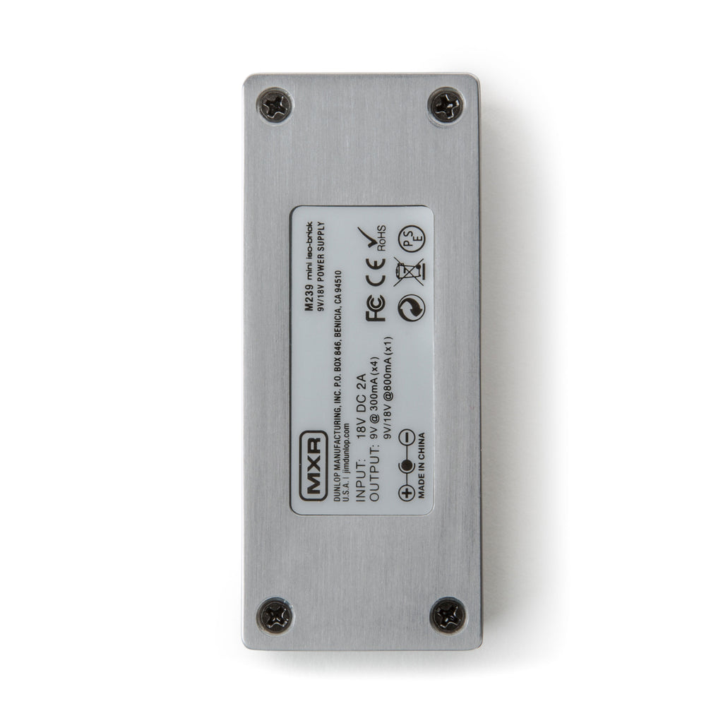 MXR M239 Mini Iso-Brick power supply — angled side view of silver housing