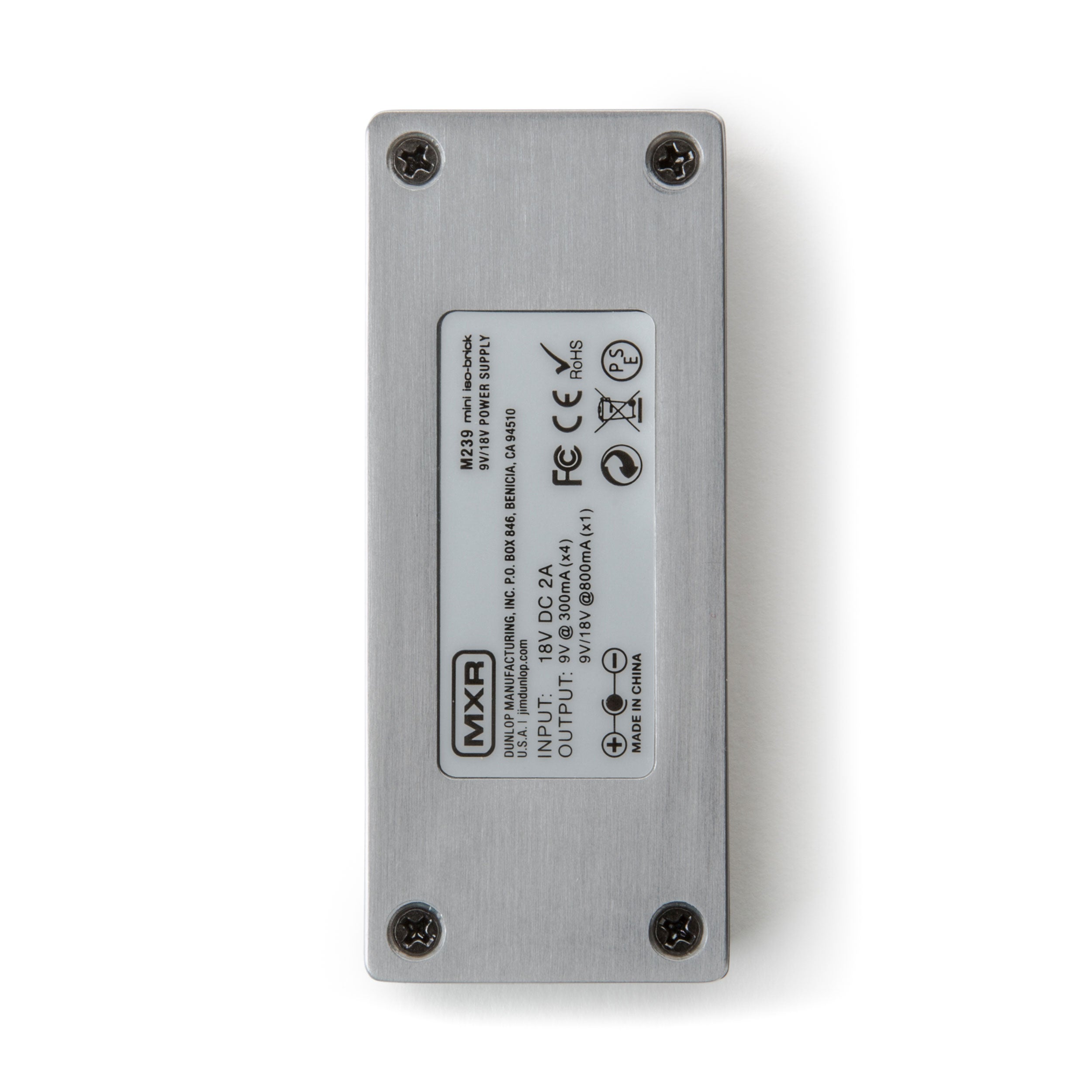 MXR M239 Mini Iso-Brick power supply — angled side view of silver housing