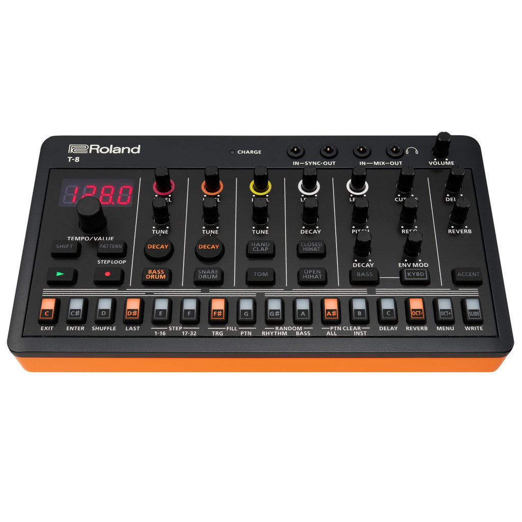 Roland AIRA Compact T-8 drum machine — top panel angled view