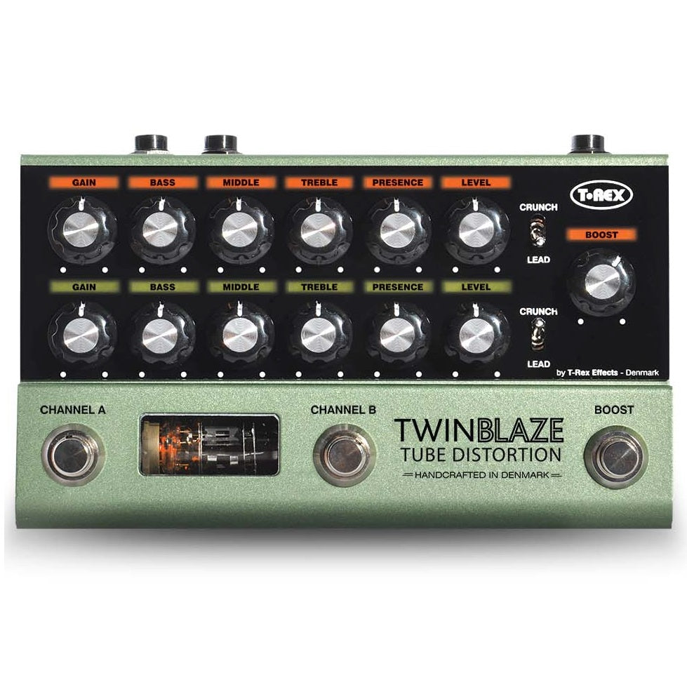 T-Rex TwinBlaze two channel tube distortion pedal — top control view