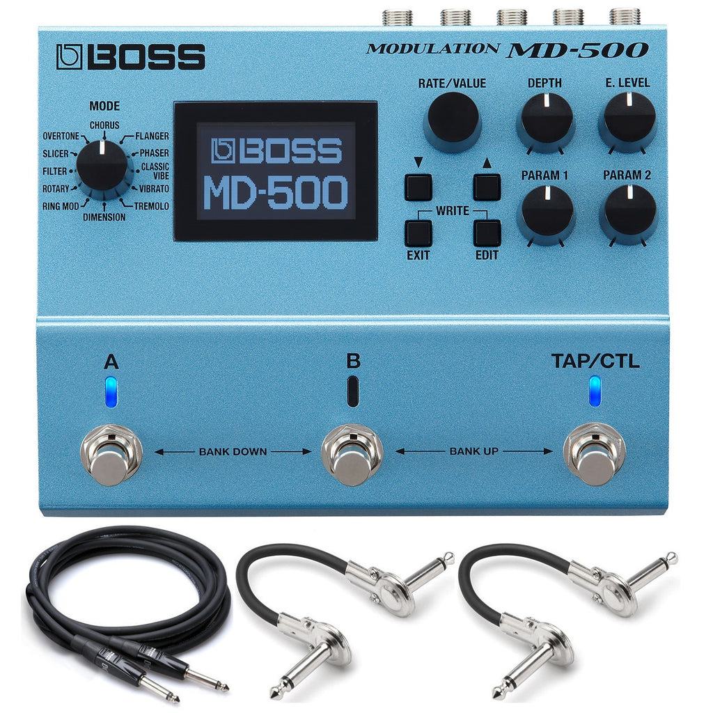 Boss MD-500 modulation pedal — blue unit with LCD and included guitar and patch cables