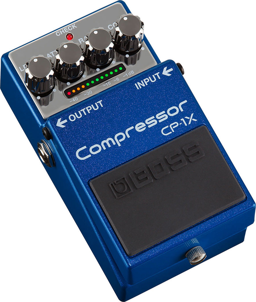 Boss CP-1X Compressor pedal — blue enclosure side jacks view