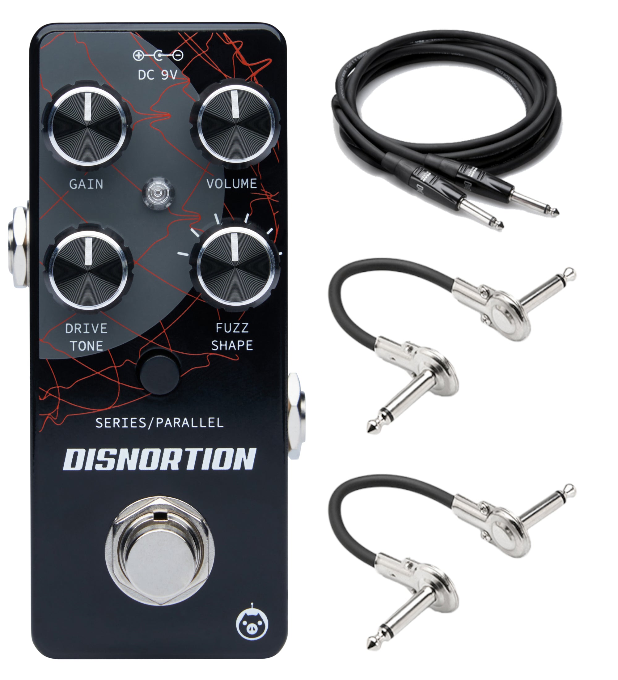 Pigtronix Disnortion overdrive/fuzz — black enclosure, top view