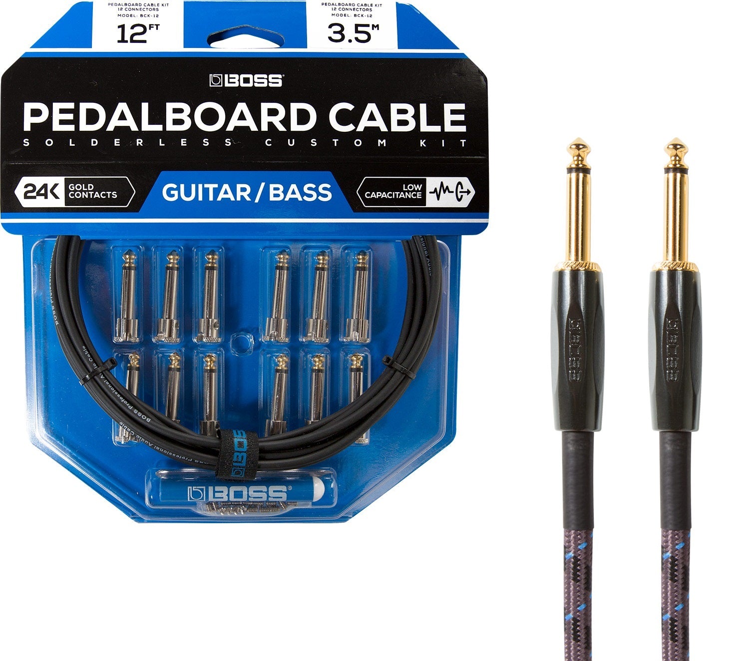 Boss BCK-12 solderless pedalboard patch cable kit — black cable, gold connectors, packaging