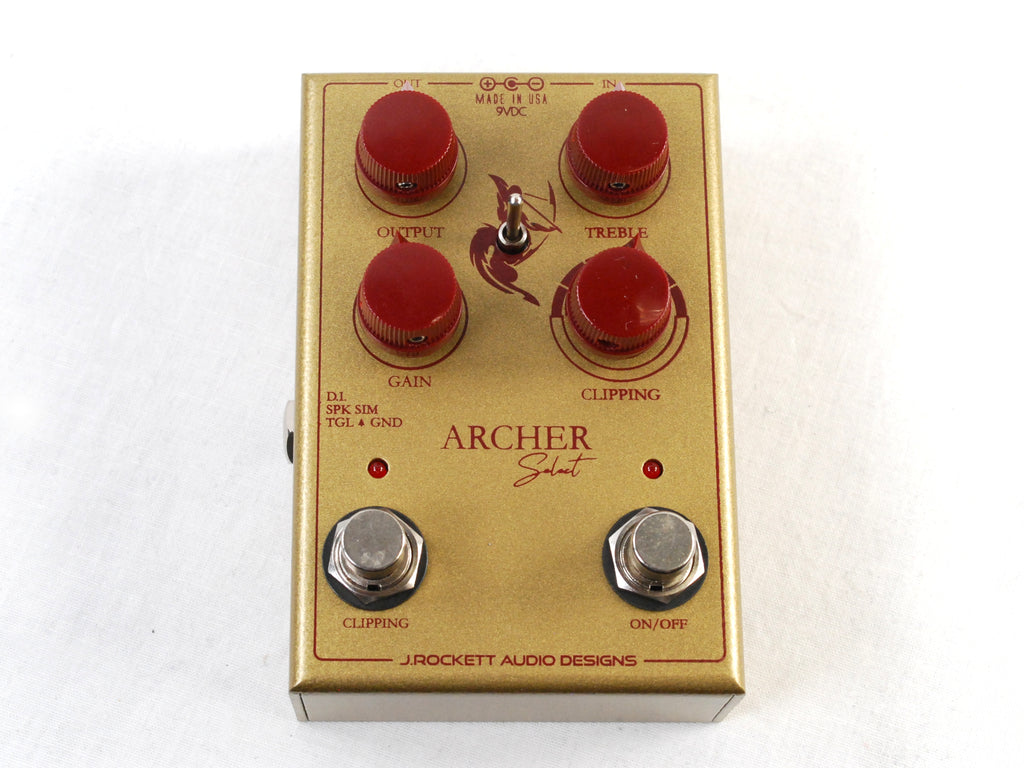 Used J. Rockett Archer Select gold overdrive boost pedal top view