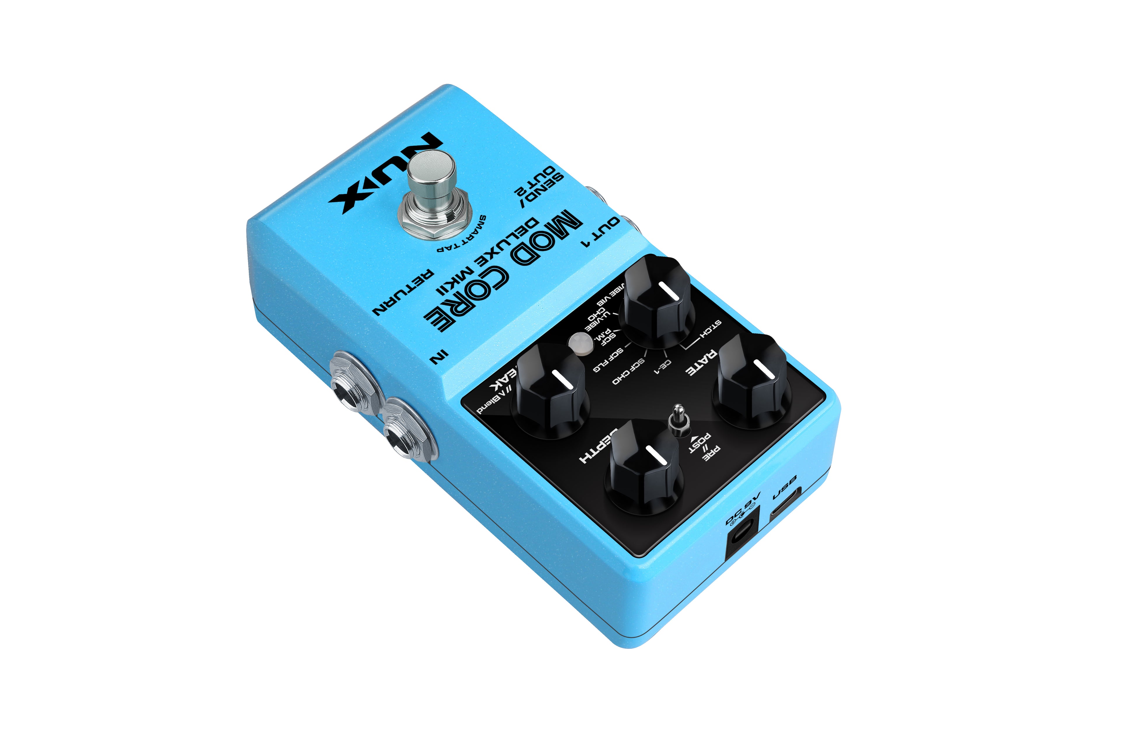 NUX Mod Core Deluxe MKII pedal — angled blue enclosure profile