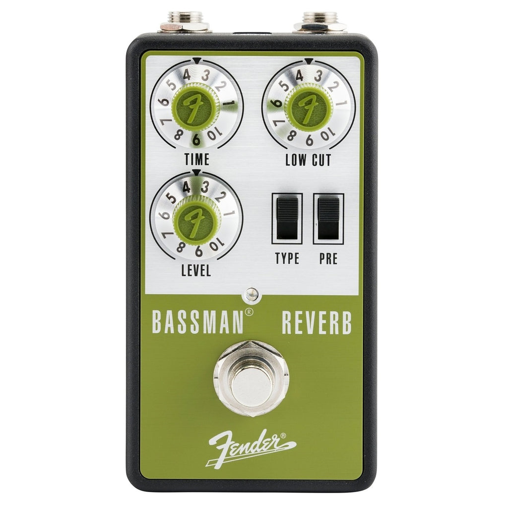 Fender Bassman Reverb pedal — green and silver enclosure, top view