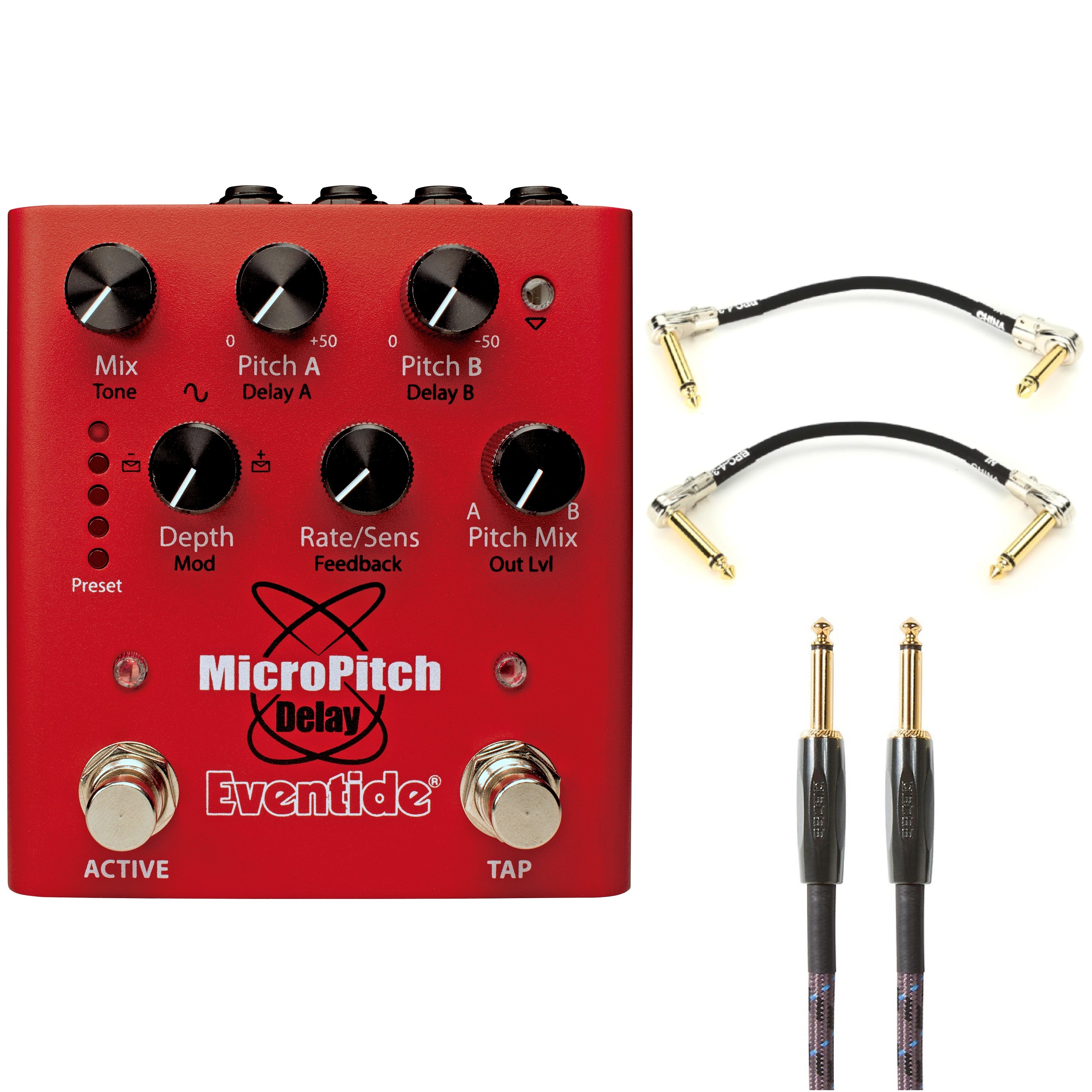 Eventide MicroPitch Delay pedal - front with included Boss patch and guitar cables