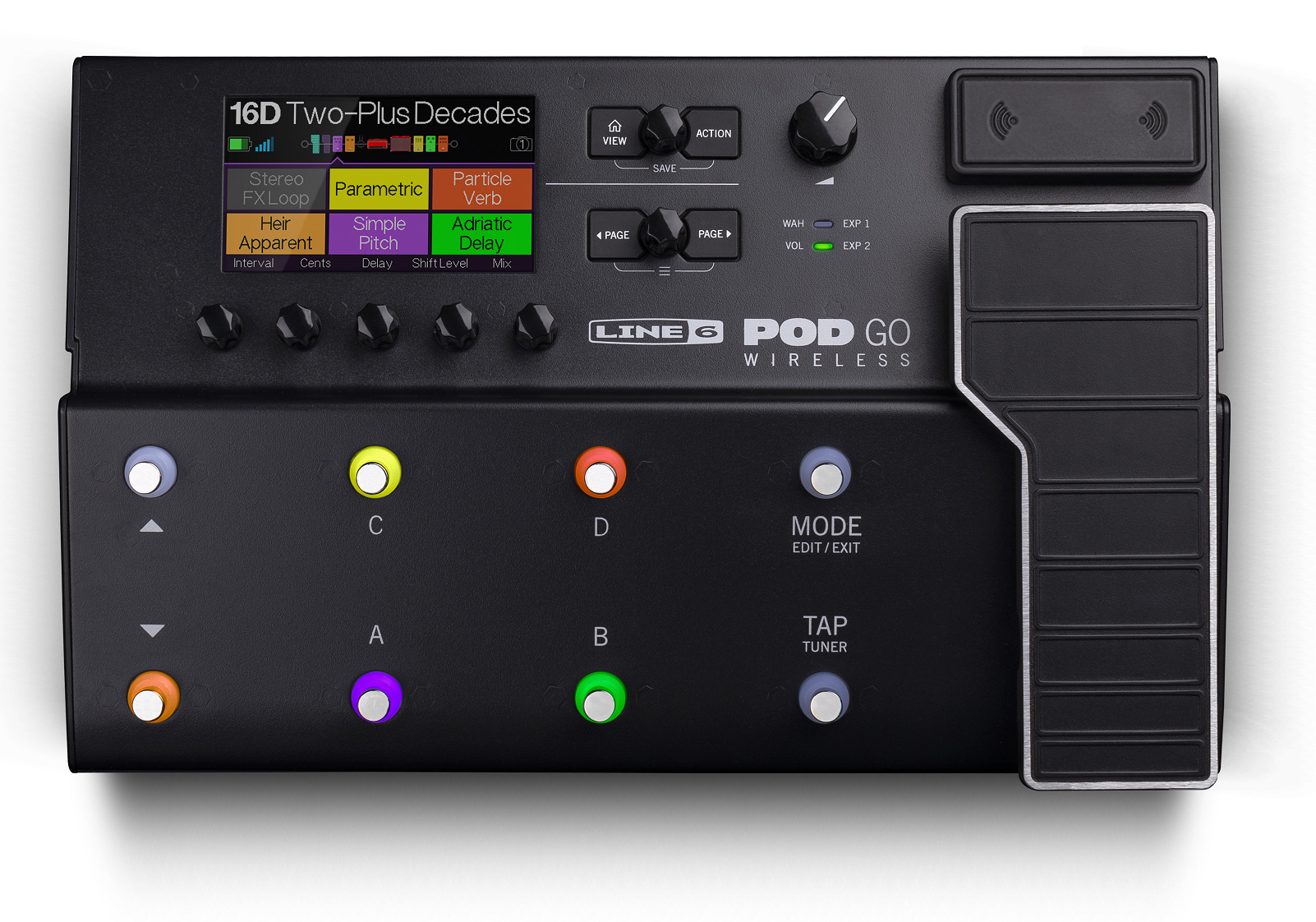 Line 6 POD Go Wireless multi-effects processor - top view of footswitches