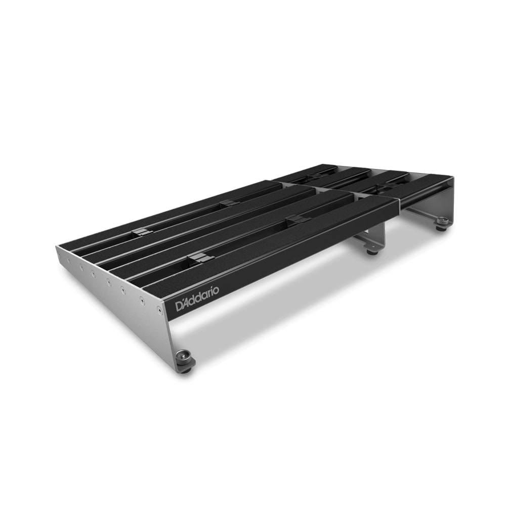 D'Addario XPND 2 black and silver telescoping guitar pedalboard angled view