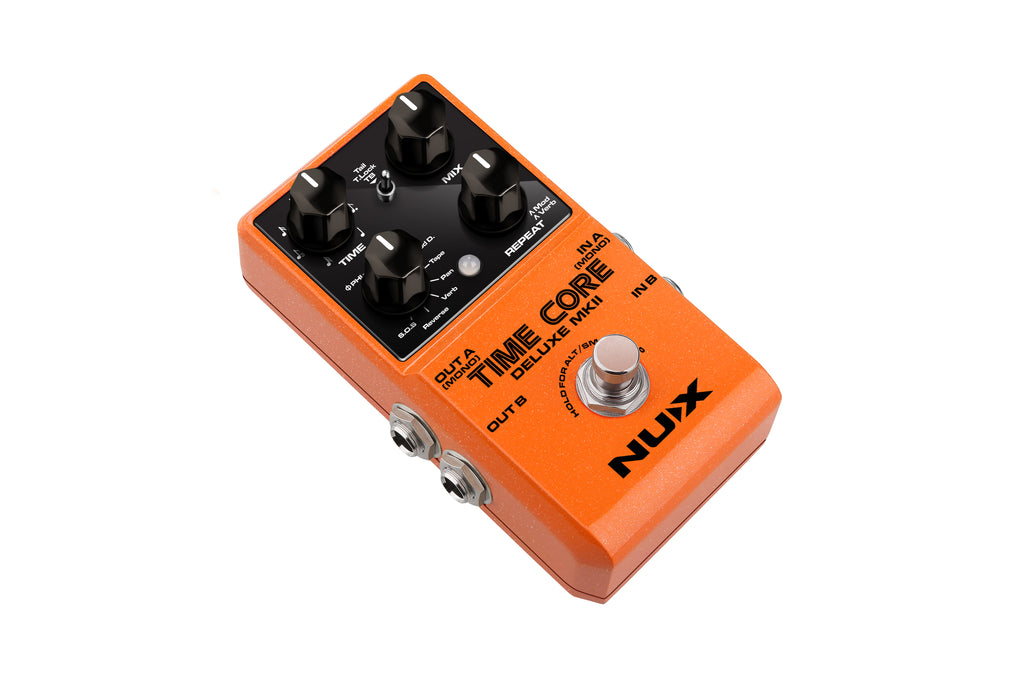 NUX Time Core Deluxe MKII delay pedal - side view with input/output jacks