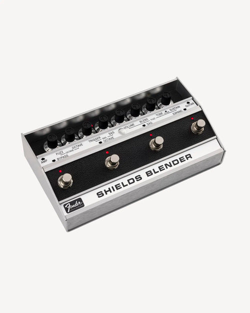 Used Fender Shields Blender fuzz pedal — silver and black chassis angled