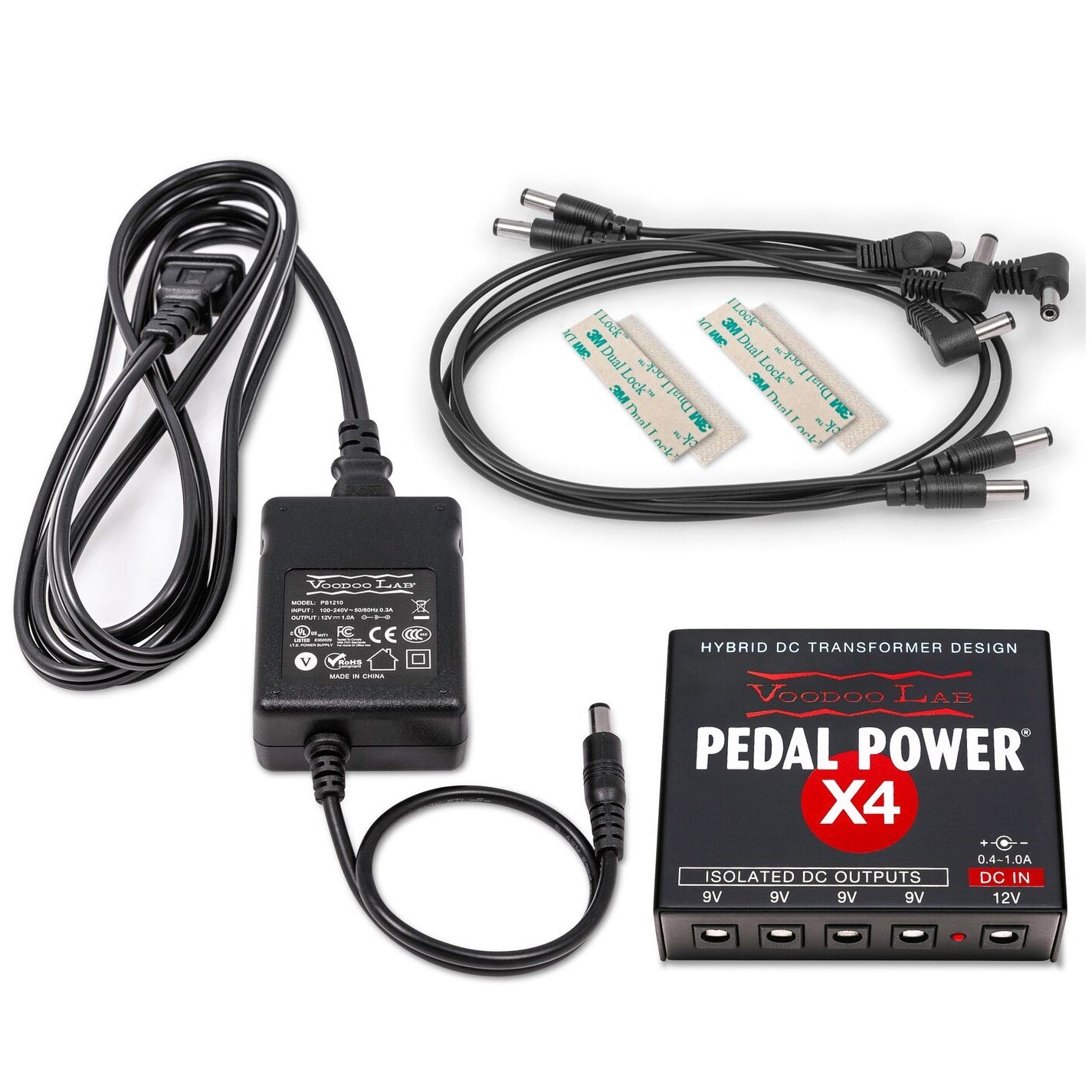 Voodoo Lab Pedal Power X4 power supply — black unit with AC adapter and DC cables