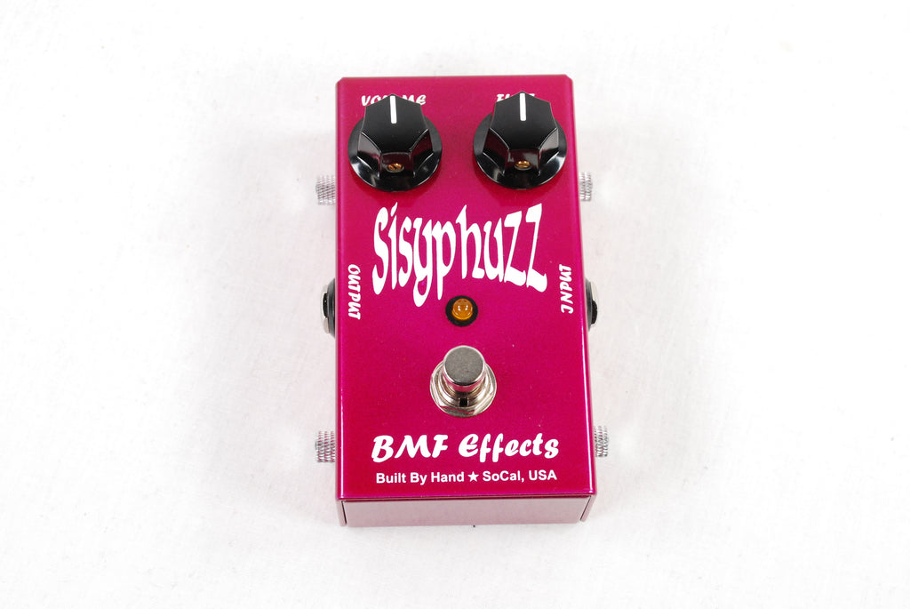 BMF Effects Sisyphuzz silicon fuzz pedal — magenta enclosure, top view