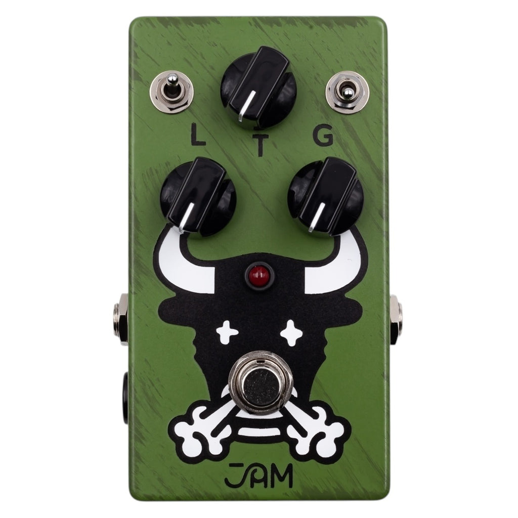 JAM Pedals Octaurus green octave fuzz pedal — top knobs and toggles