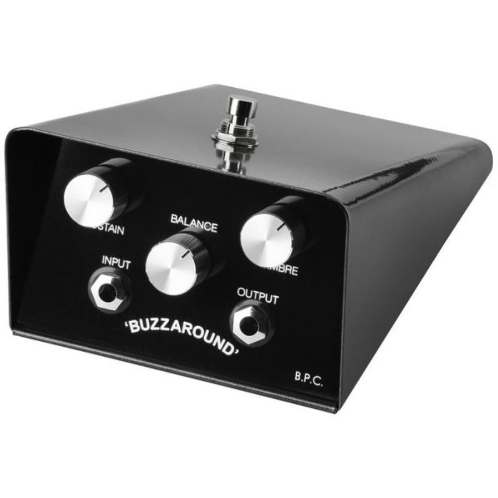 British Pedal Company Buzzaround fuzz pedal — front view, three control knobs