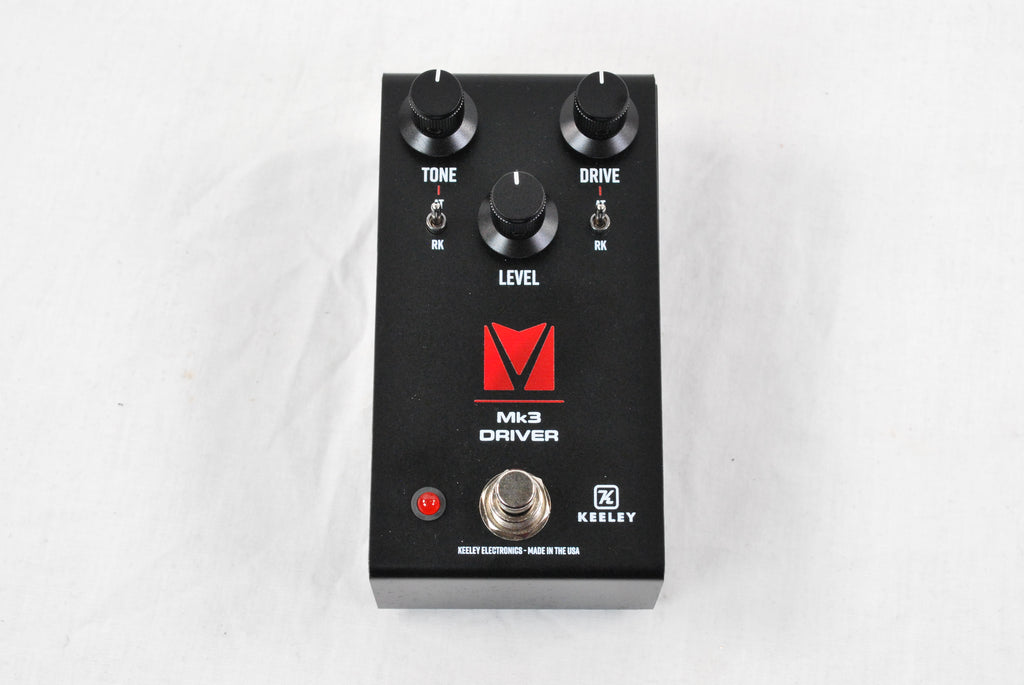 Keeley Mk3 Driver Andy Timmons overdrive pedal — black enclosure, top view with red logo