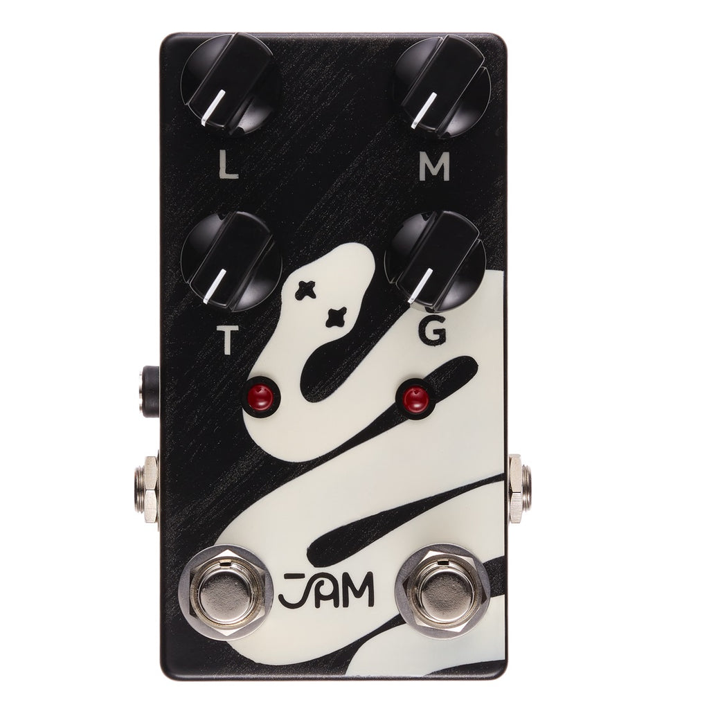JAM Pedals Rattler Bass distortion pedal — black enclosure with white snake art, front view