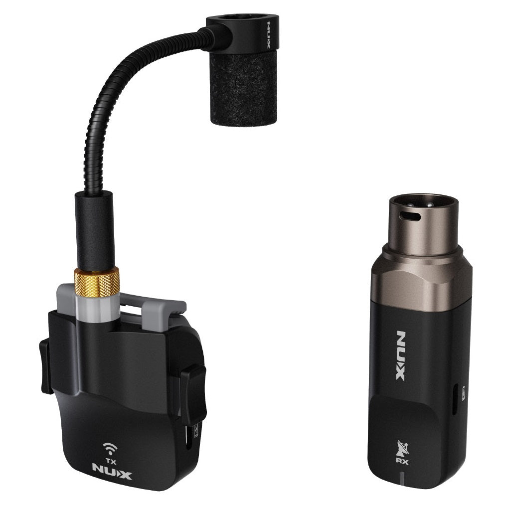 NUX B-6 wireless saxophone microphone system — black transmitter and receiver