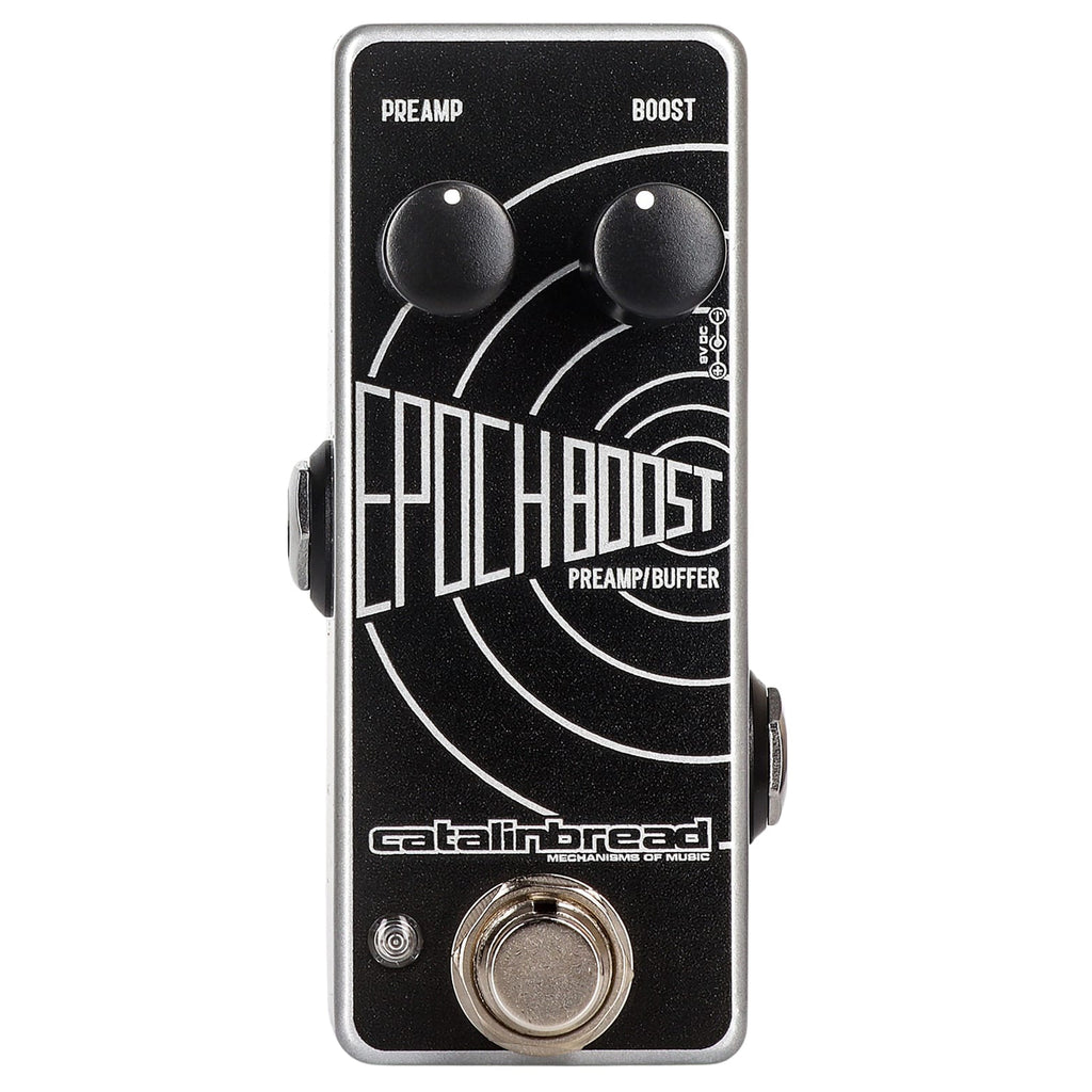 Catalinbread Epoch Boost Mini preamp pedal - black face, top view of controls