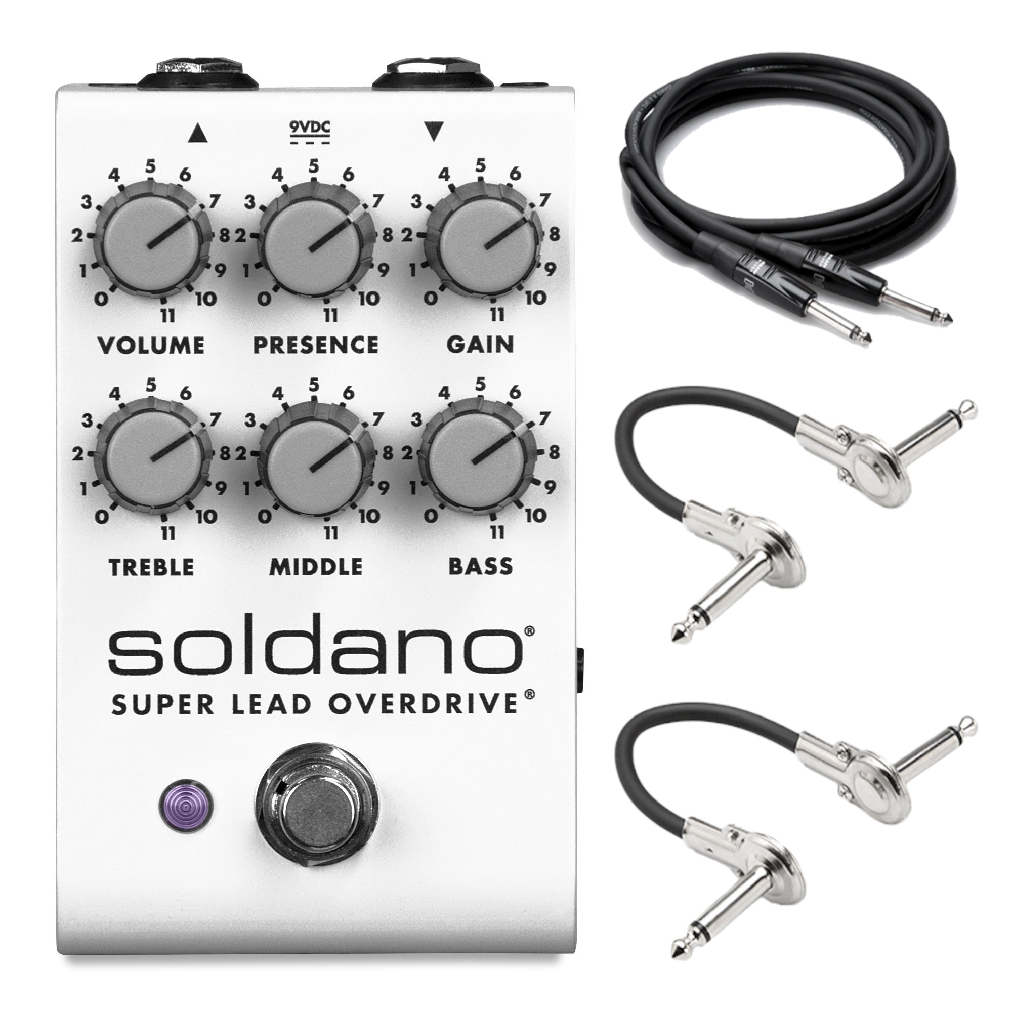 Soldano SLO overdrive pedal — white control panel front view