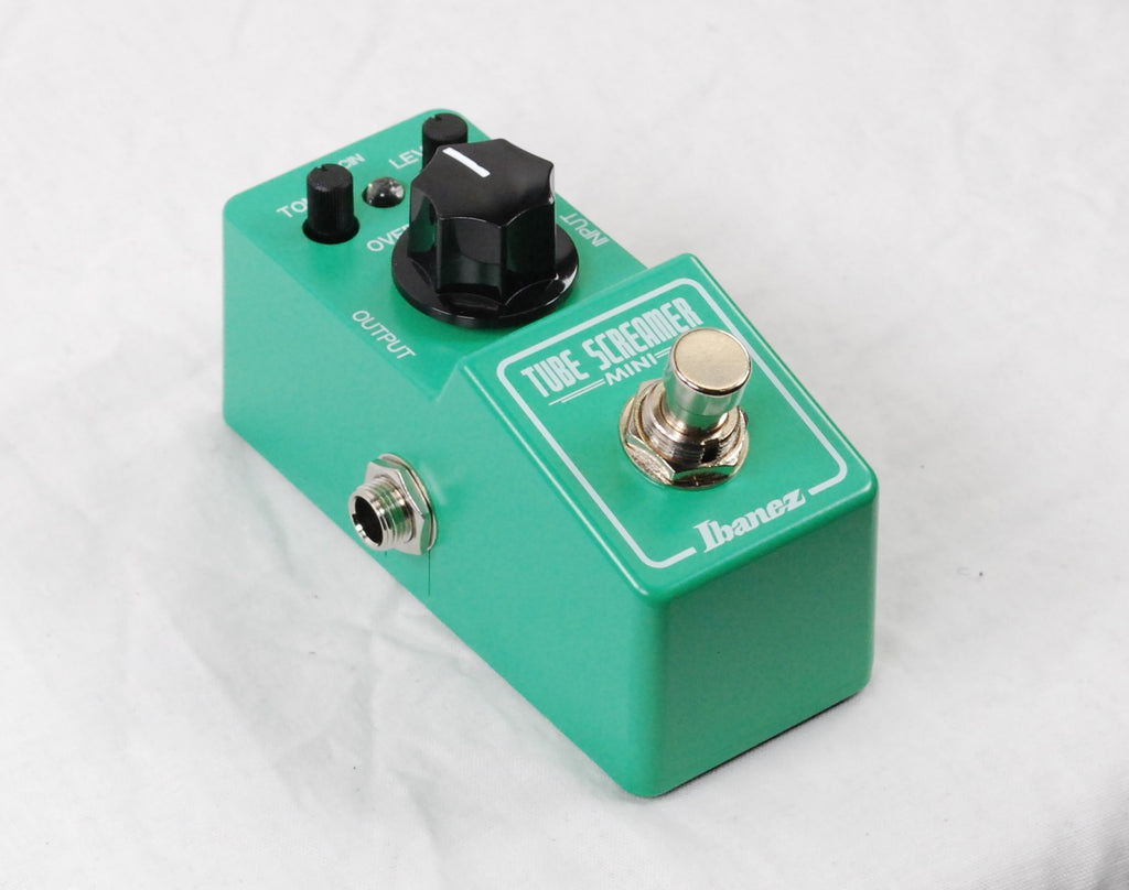 Used Ibanez TS Mini Tube Screamer overdrive pedal - side view with input and output jacks