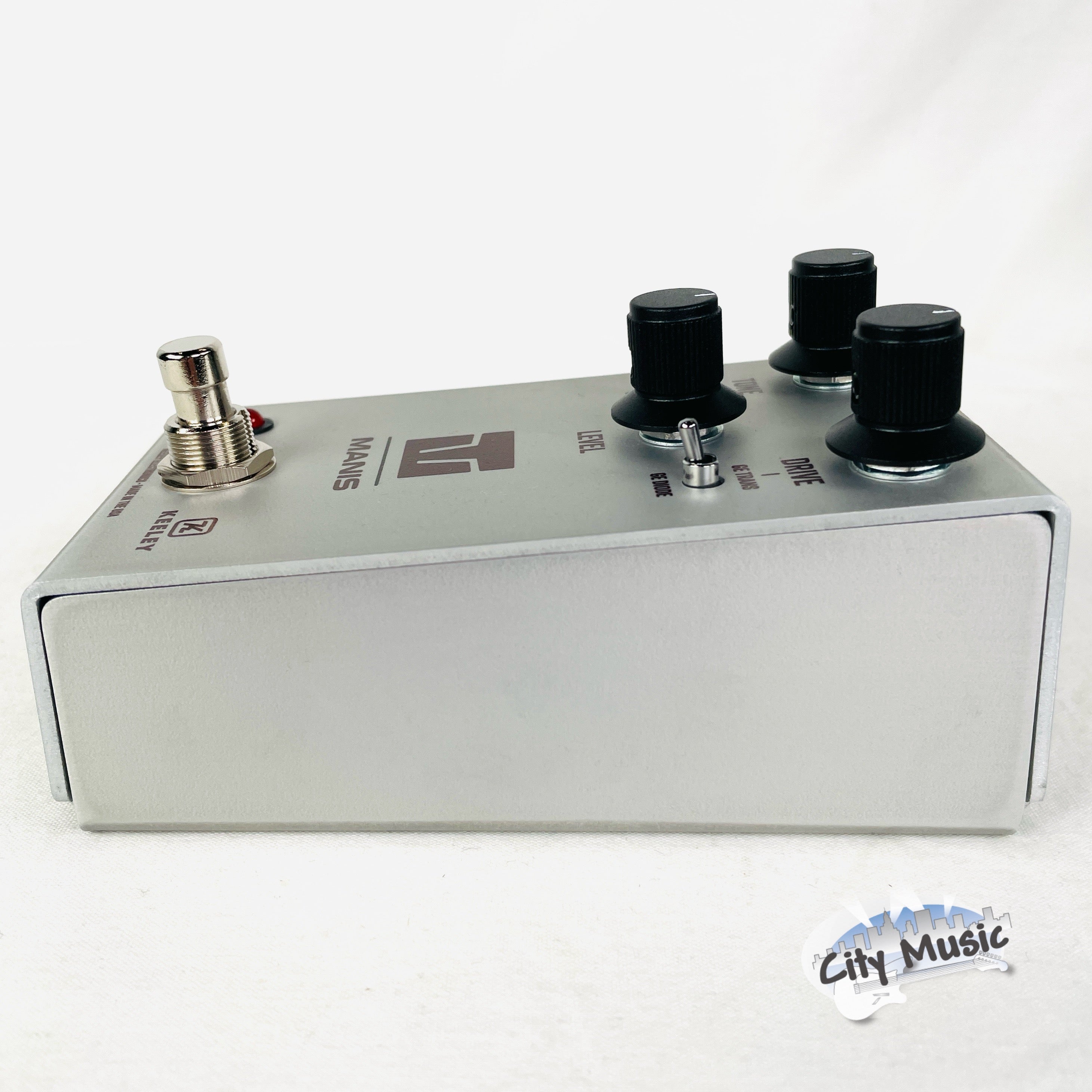 Keeley Manis Overdrive pedal — side profile showing power input