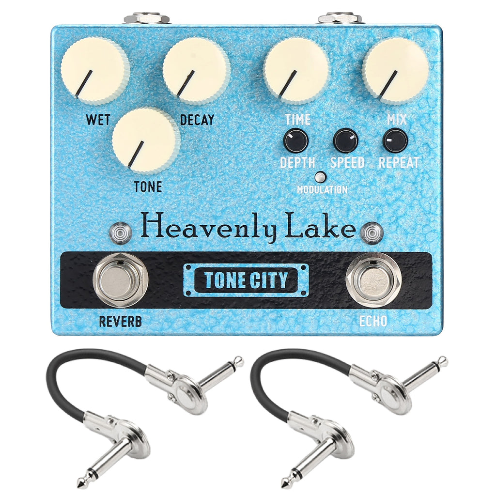 Tone City Heavenly Lake delay reverb — blue front with patch cables