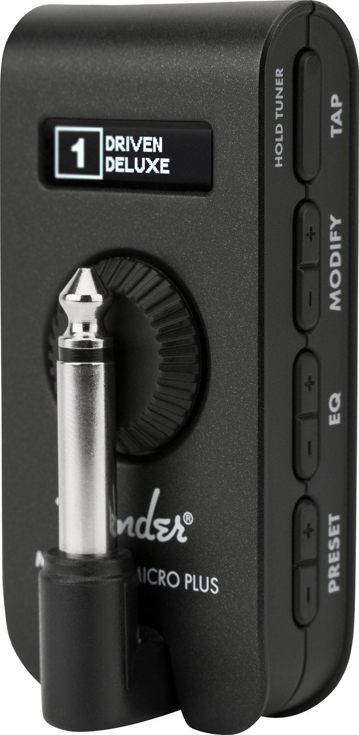 Fender Mustang Micro Plus headphone guitar amp — rotating input plug