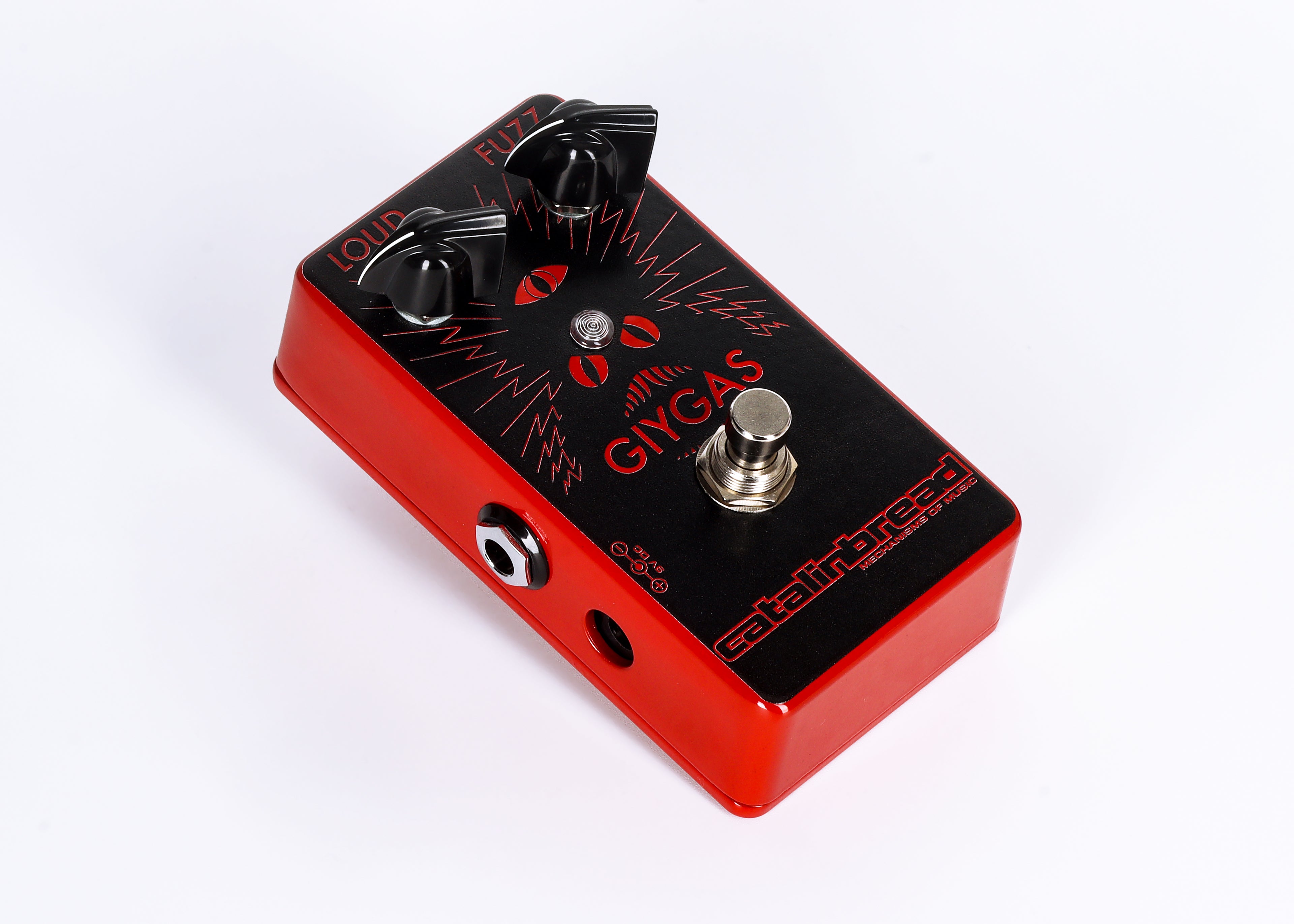 Catalinbread Giygas 2K fuzz pedal — close detail of knobs and red lightning graphics