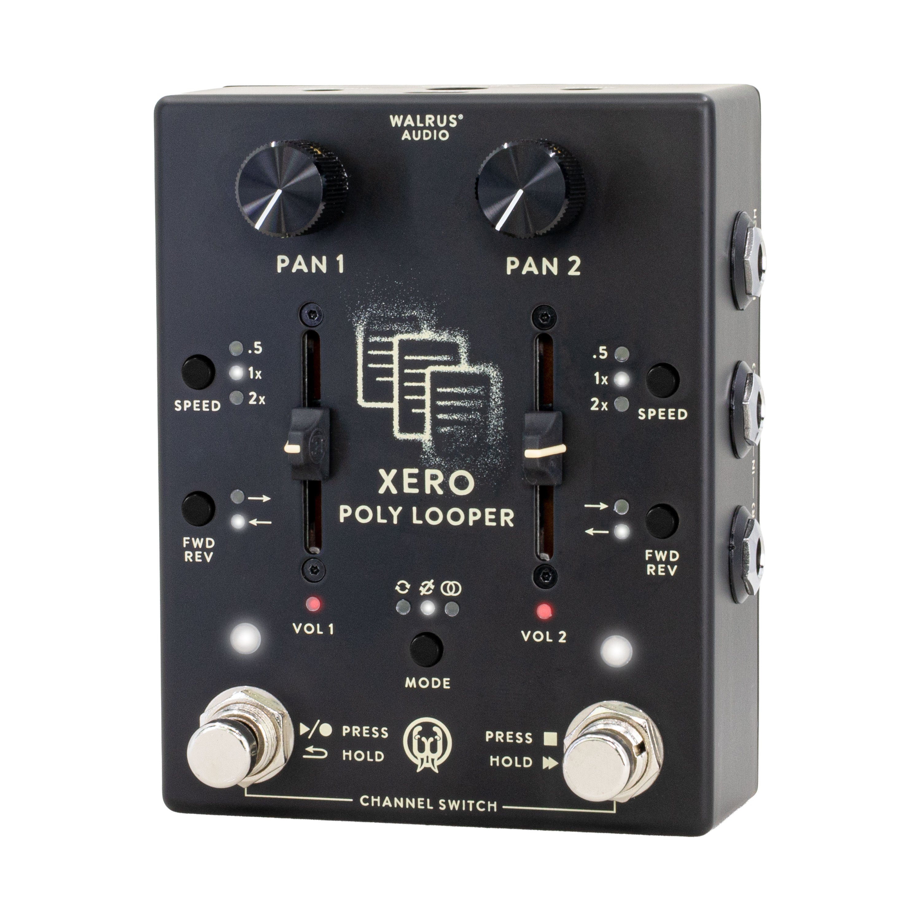 Walrus Audio Xero Polylooper pedal — black, faders and LEDs detail