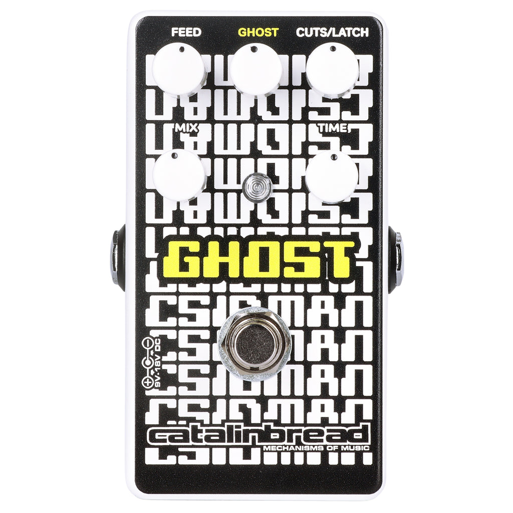 Catalinbread CSIDMAN Ghost glitch delay pedal — black enclosure with white pixel graphics, top view