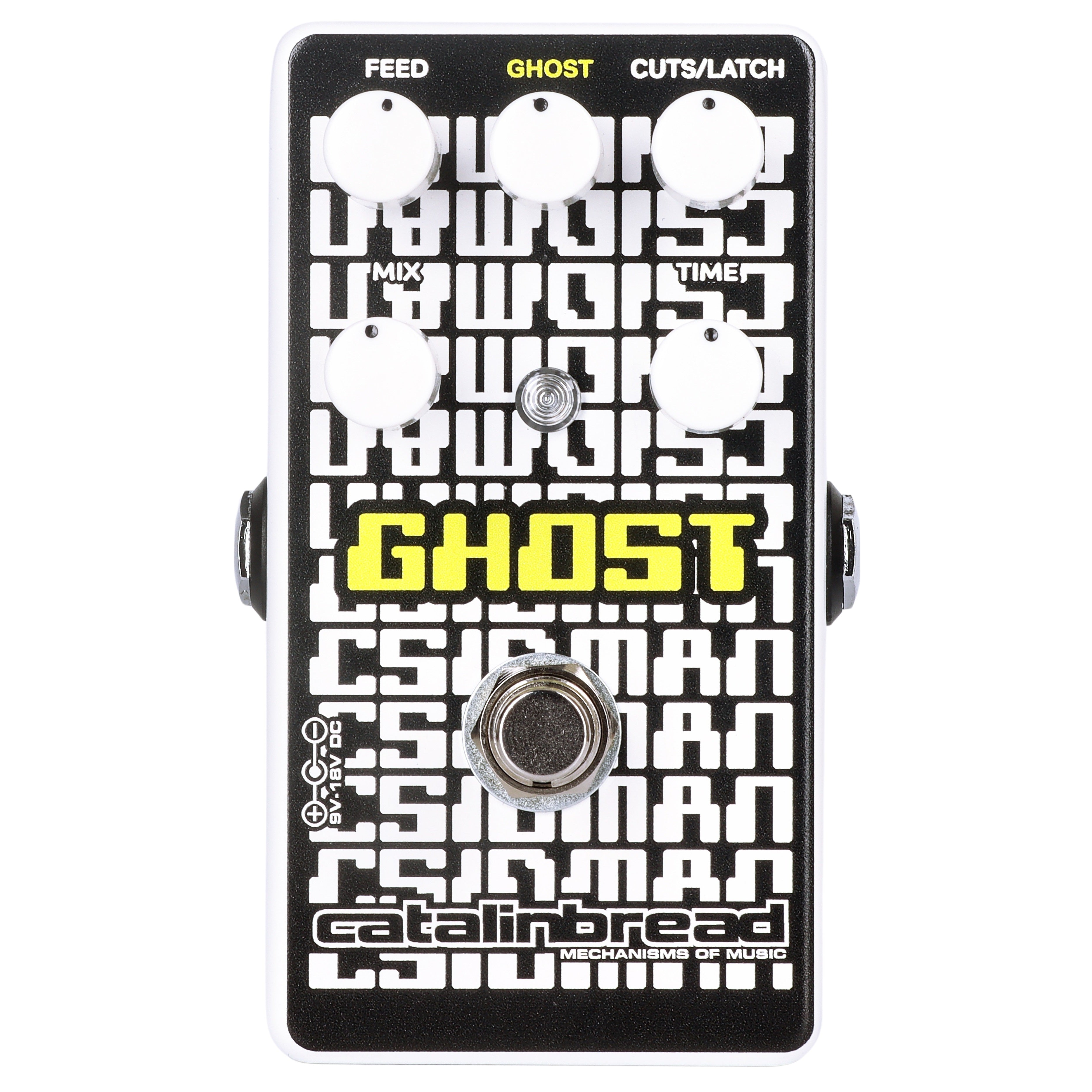Catalinbread CSIDMAN Ghost glitch delay pedal — angled view of five knobs and footswitch