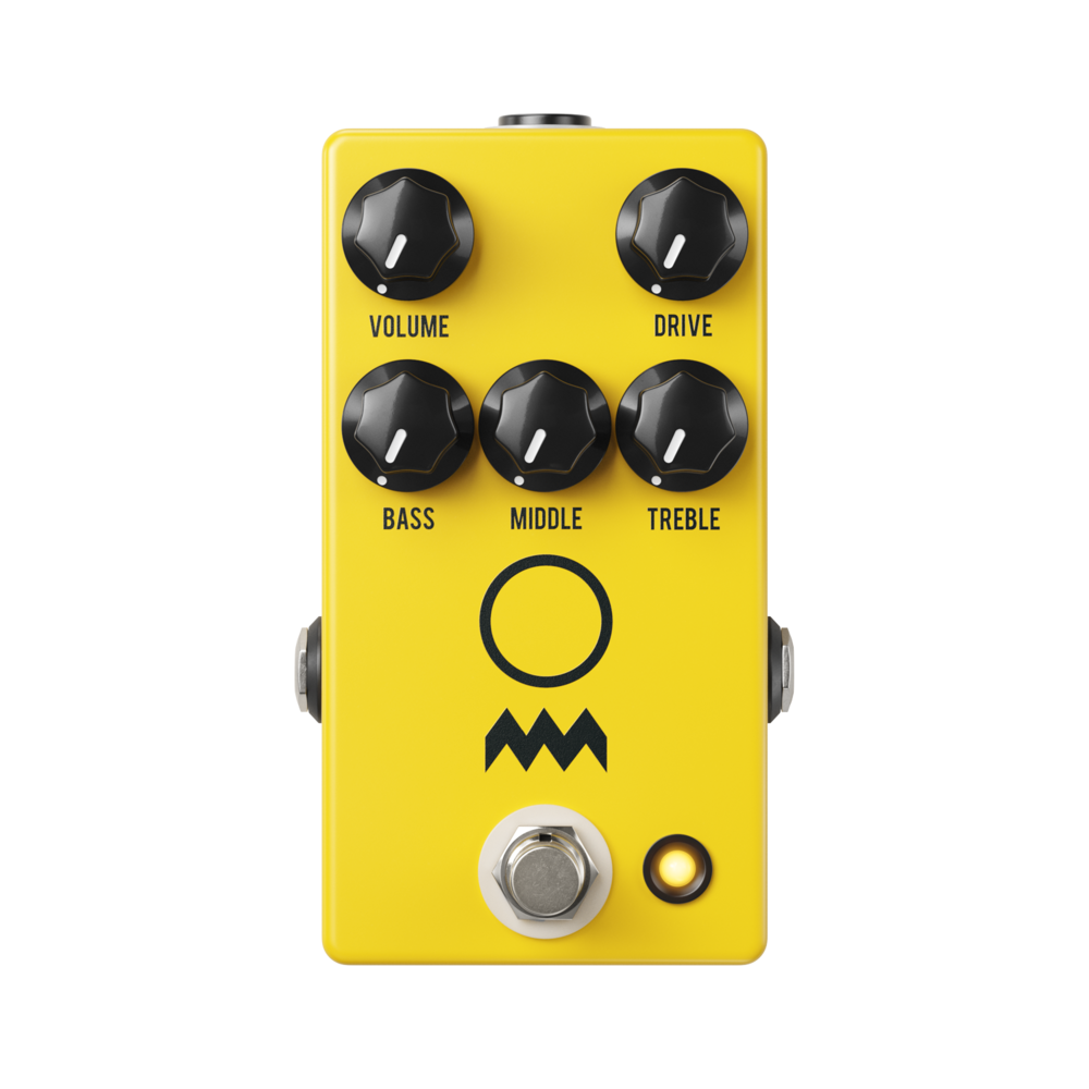 JHS Charlie Brown V4 overdrive pedal — yellow enclosure, top view of five knobs