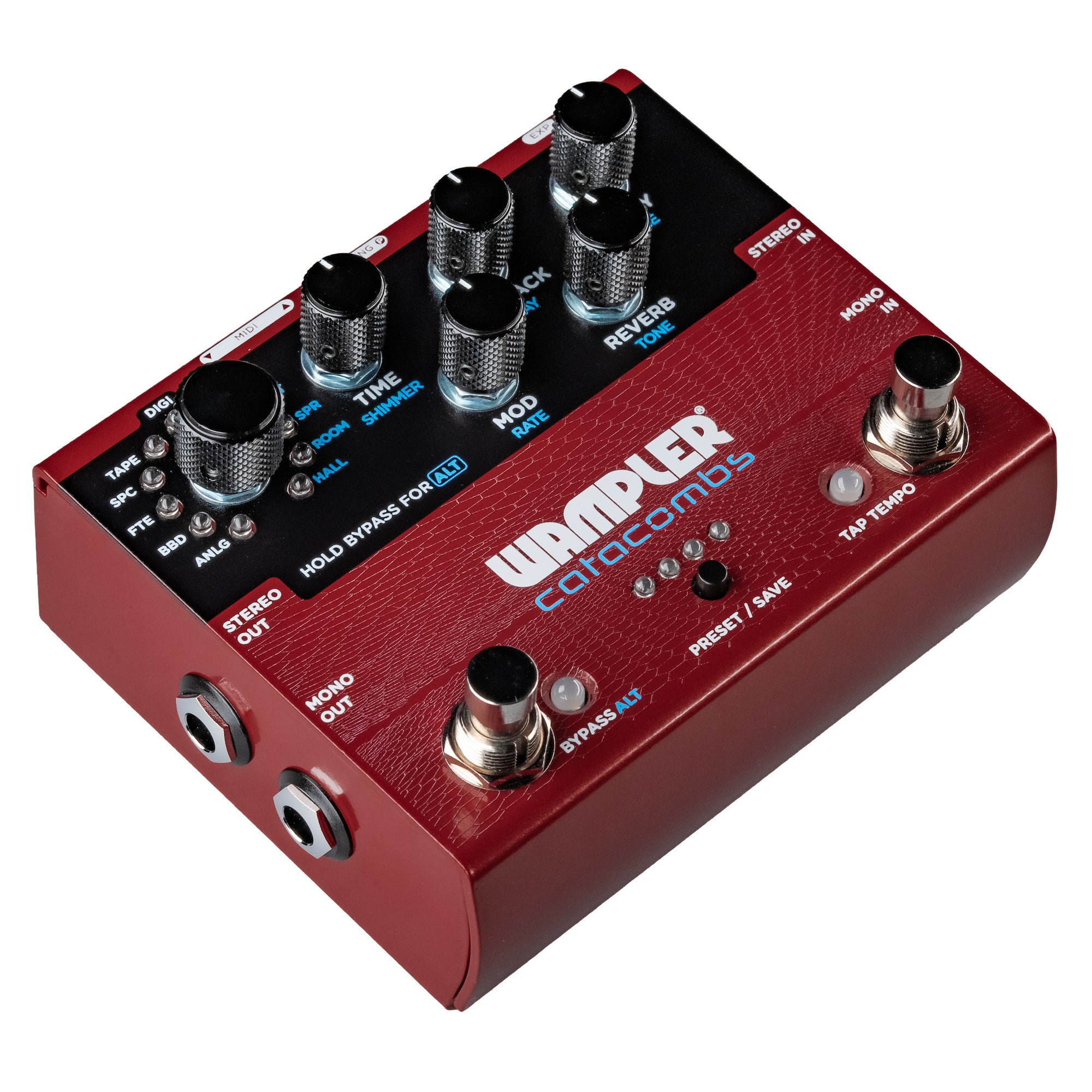 Wampler Catacombs reverb delay pedal — stereo I/O side jacks