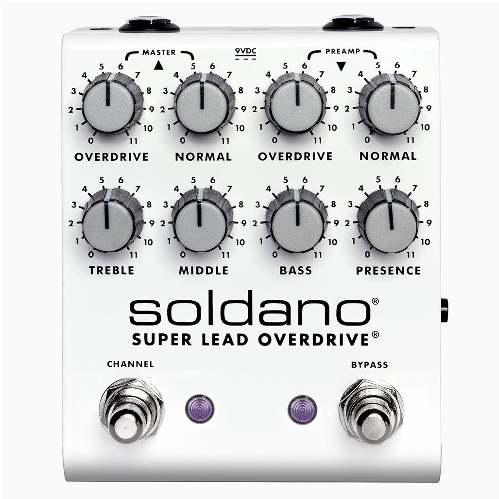 Soldano SLO PLUS overdrive pedal — white top with knobs and footswitches