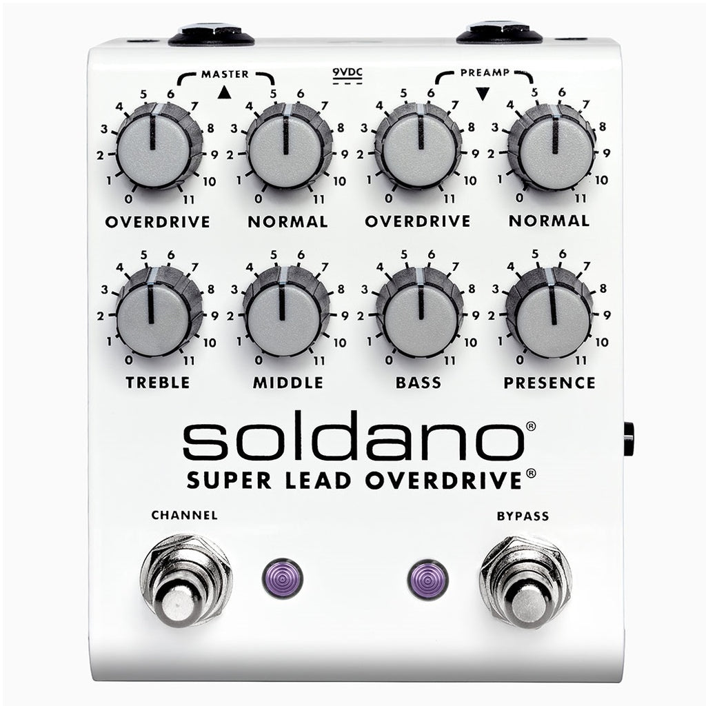 Soldano SLO PLUS overdrive pedal — front control panel detail