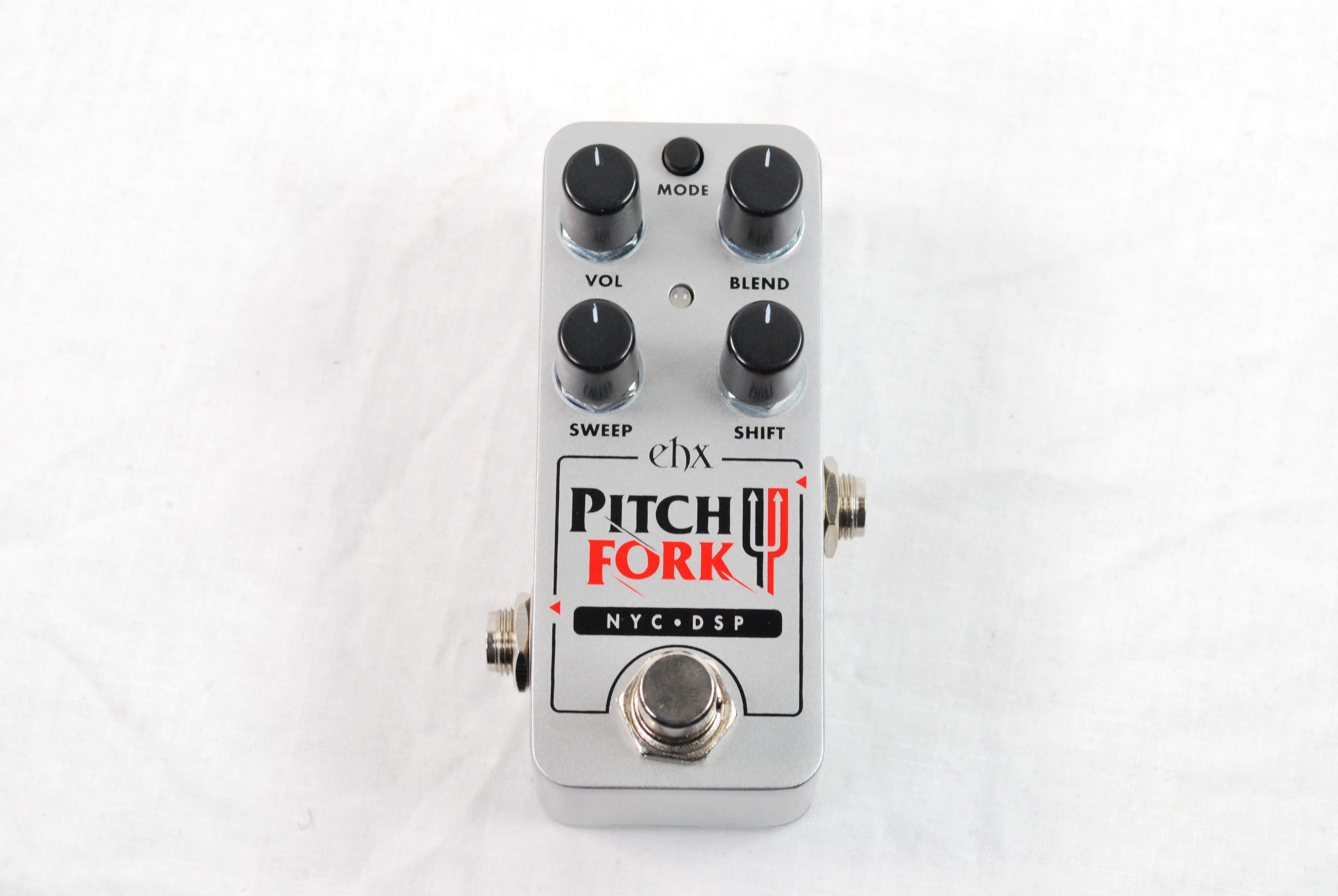 Electro-Harmonix Pico Pitch Fork pitch shifter — silver enclosure, top view