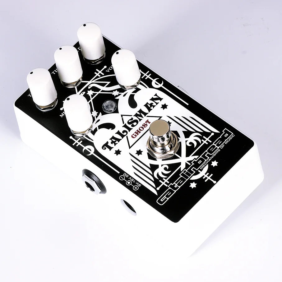 Catalinbread Talisman Ghost plate reverb pedal — close detail of graphics and footswitch
